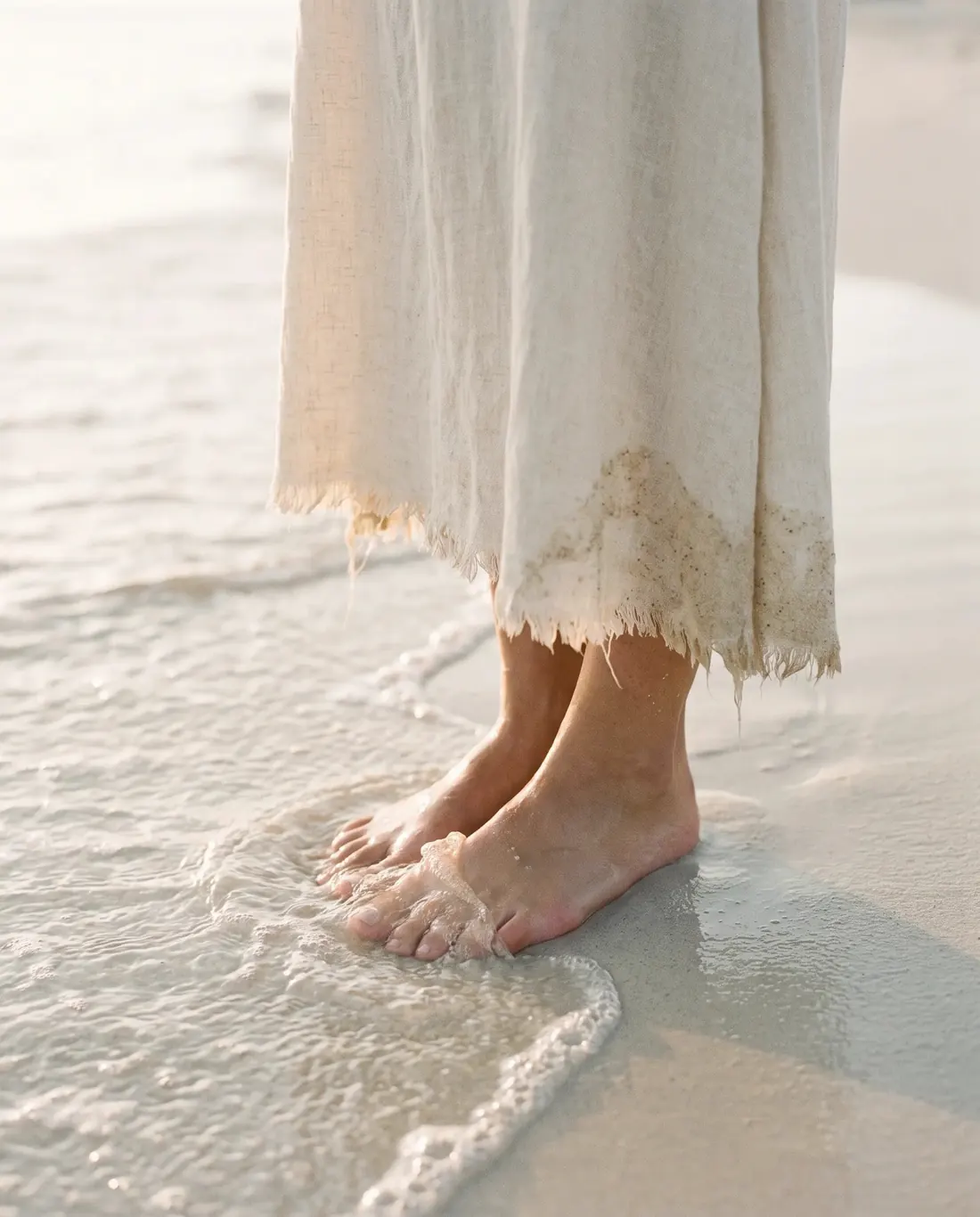 Bare feet at the water’s edge beneath the hem of a linen dress