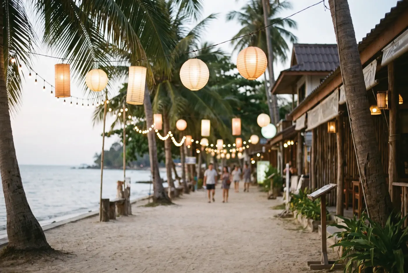 Lanterns glowing over a seaside walking street at dusk