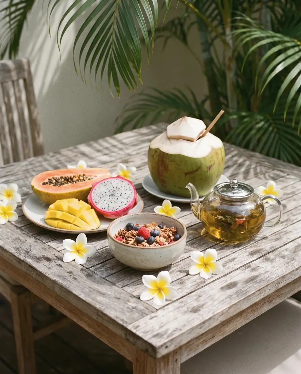 Tropical fruit, coconut and herbal tea on a teak table