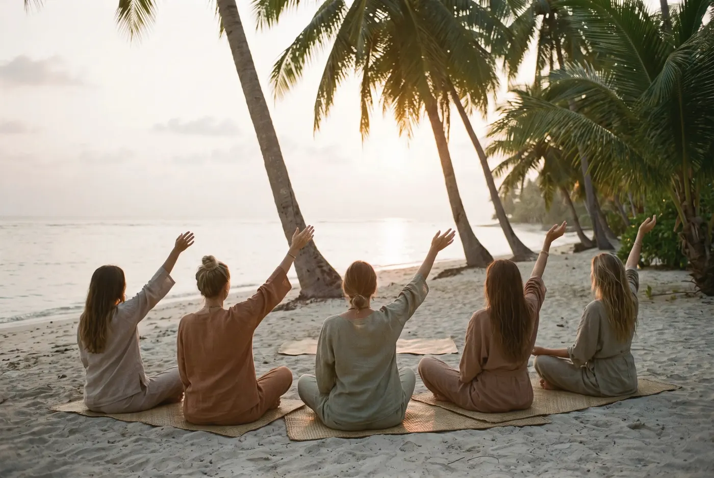 Women practising gentle movement on the sand at golden hour
